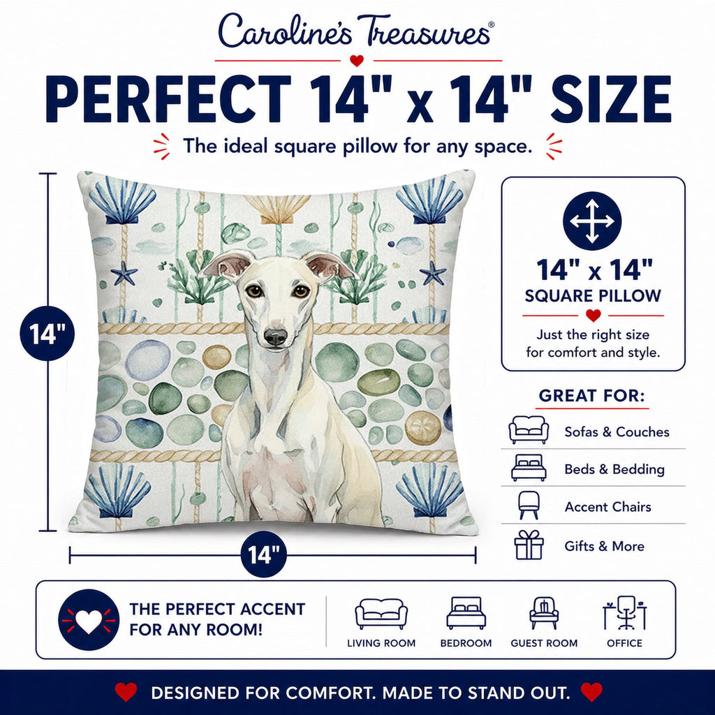 White Whippet Coastal Sea Glass Decorative Throw Pillow 14x14 Indoor Outdoor Accent Cushion, Fabric Cover with Insert for Sofa, Bed, Porch & Living Room