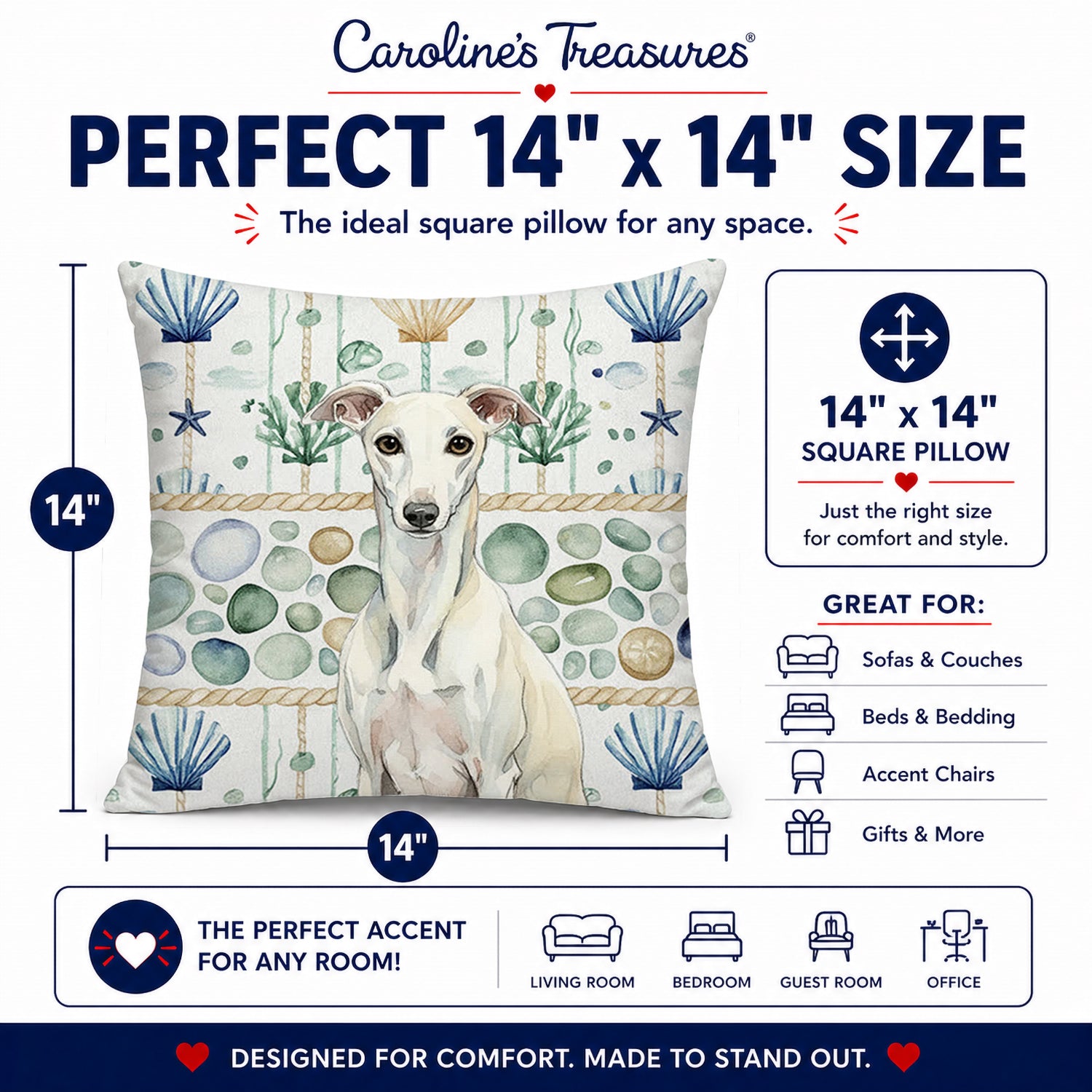 White Whippet Coastal Sea Glass Decorative Throw Pillow 14x14 Indoor Outdoor Accent Cushion, Fabric Cover with Insert for Sofa, Bed, Porch & Living Room
