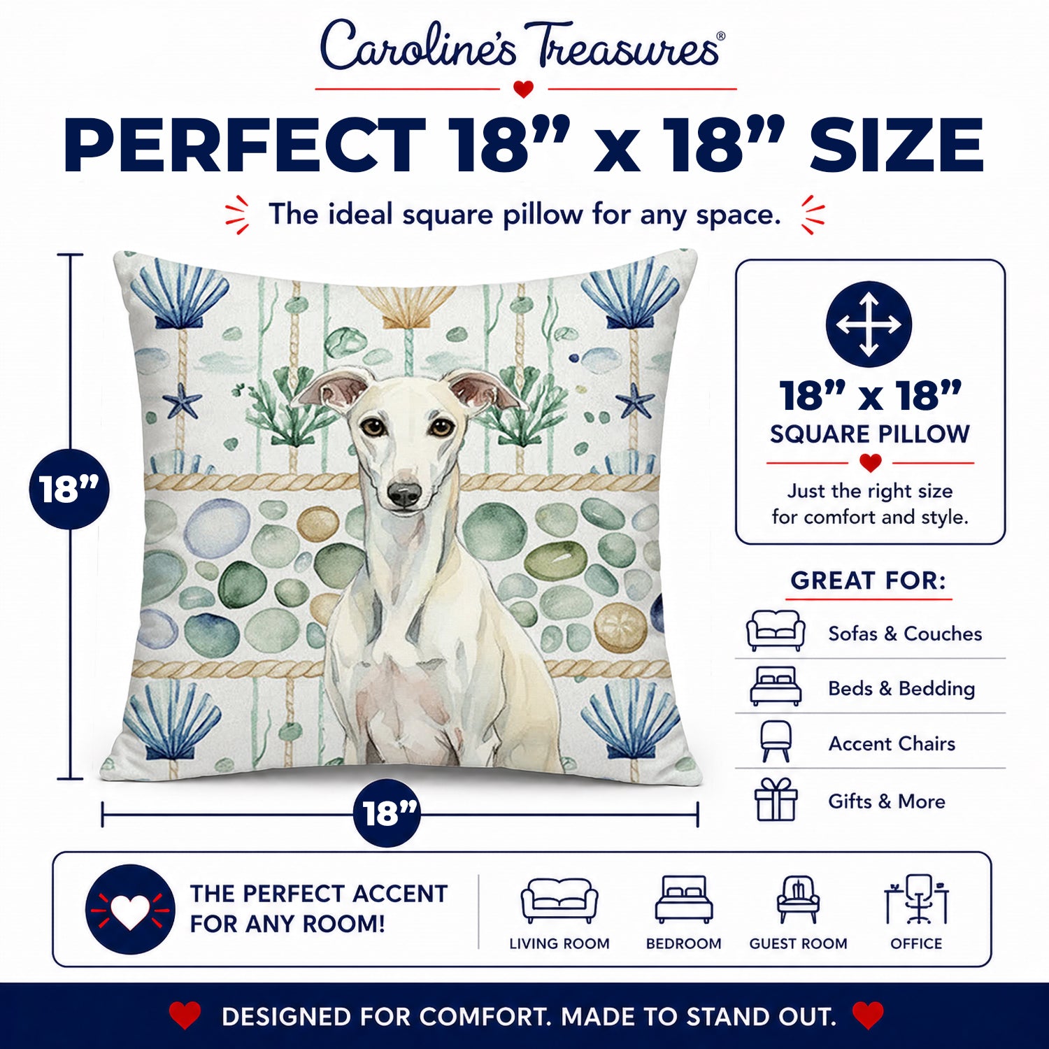 White Whippet Coastal Sea Glass Decorative Throw Pillow 18x18 Indoor Outdoor Accent Cushion, Fabric Cover with Insert for Sofa, Bed, Porch & Living Room