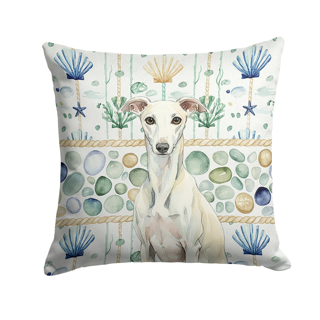 White Whippet Coastal Sea Glass Decorative Throw Pillow 18x18 Indoor Outdoor Accent Cushion, Fabric Cover with Insert for Sofa, Bed, Porch & Living Room