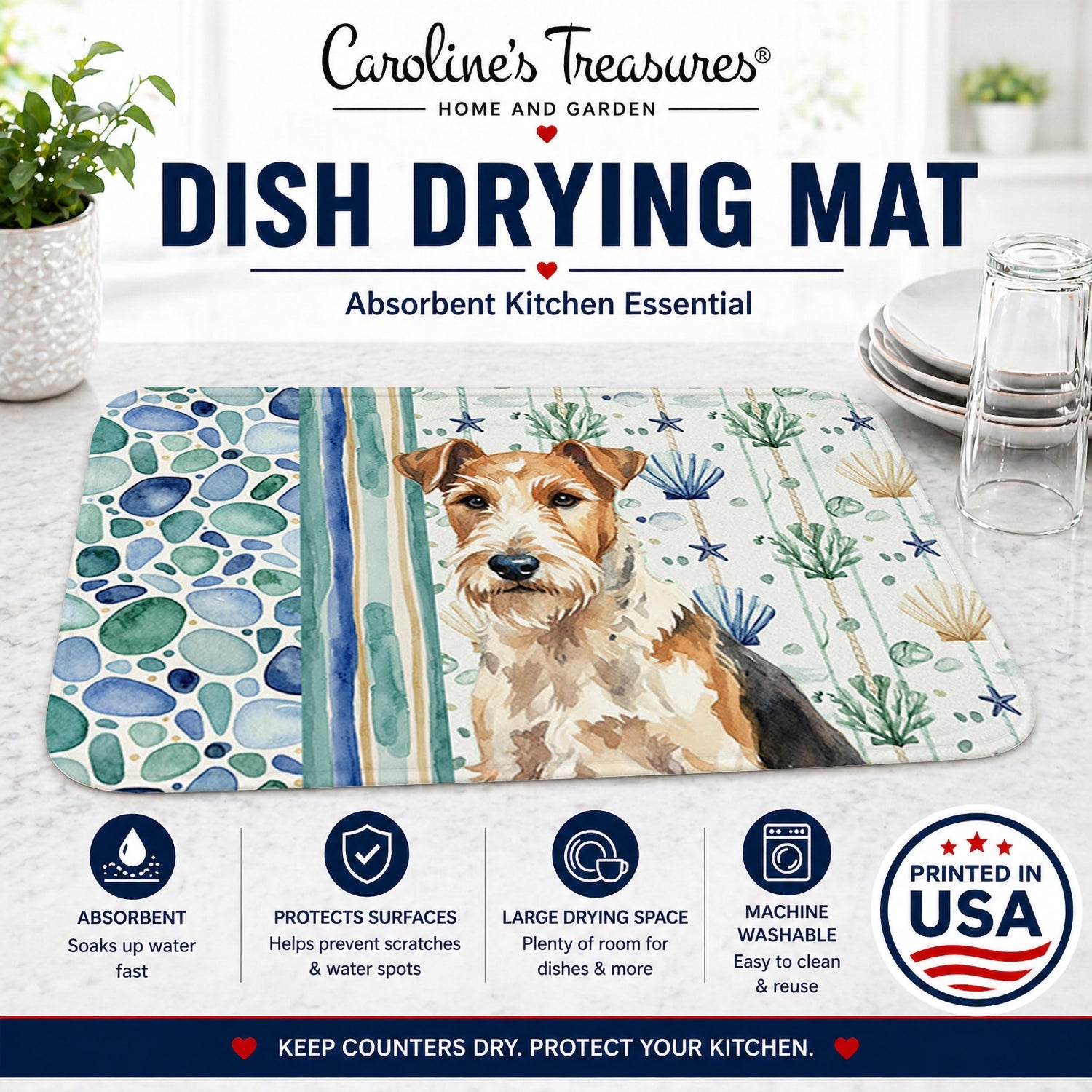 Wire Fox Terrier Coastal Sea Glass Dish Drying Mat Absorbent Dish Drying Mat Pad for Kitchen Counter Dish Drainer Mat for Countertop, 14 x 21", Multicolor