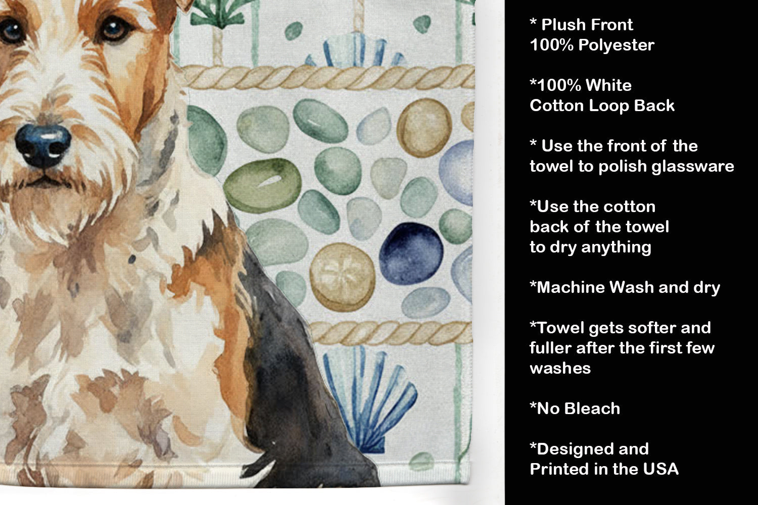 Wire Fox Terrier Coastal Sea Glass Kitchen Towel Velour Plush Front and Cotton Loop Back Machine Washable