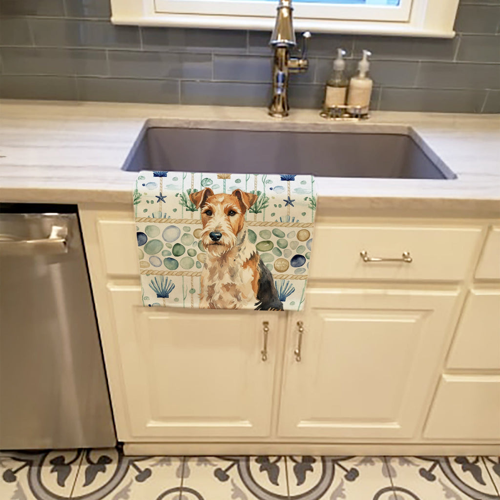 Wire Fox Terrier Coastal Sea Glass Kitchen Towel Velour Plush Front and Cotton Loop Back Machine Washable