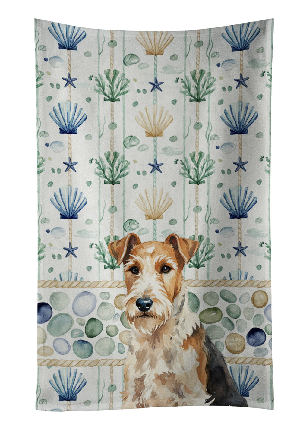 Wire Fox Terrier Coastal Sea Glass Kitchen Towel Velour Plush Front and Cotton Loop Back Machine Washable