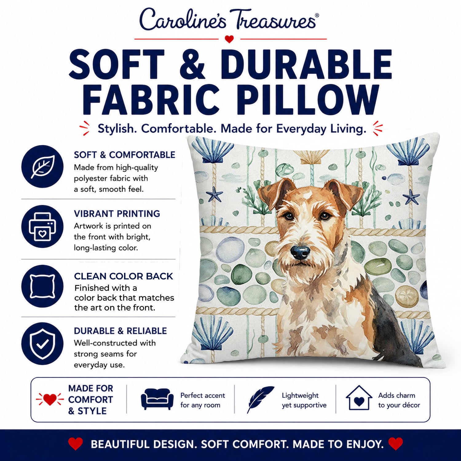 Wire Fox Terrier Coastal Sea Glass Decorative Throw Pillow 14x14 Indoor Outdoor Accent Cushion, Fabric Cover with Insert for Sofa, Bed, Porch & Living Room