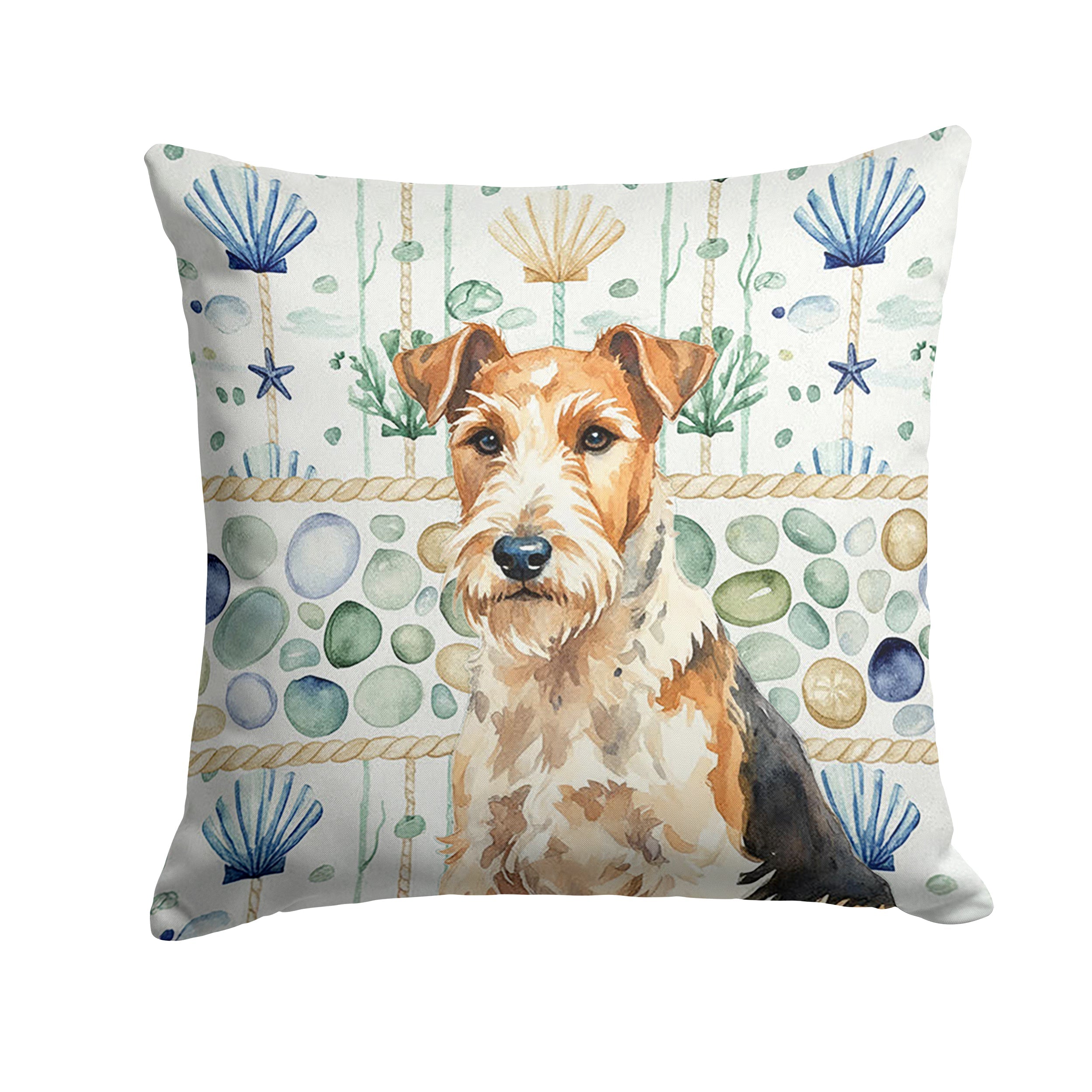 Wire Fox Terrier Coastal Sea Glass Decorative Throw Pillow 14x14 Indoor Outdoor Accent Cushion, Fabric Cover with Insert for Sofa, Bed, Porch & Living Room