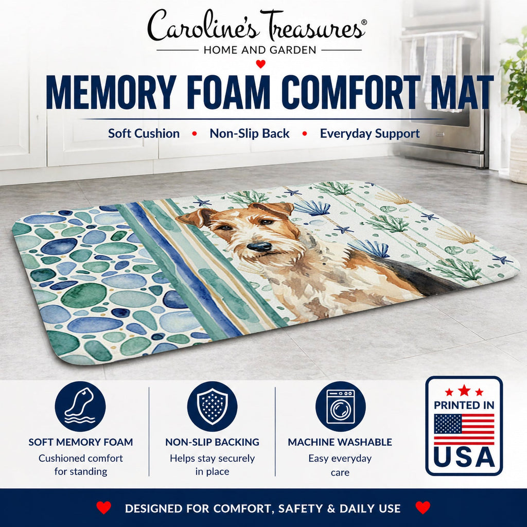 Wire Fox Terrier Coastal Sea Glass Memory Foam Kitchen Mat Machine Washable Anti-Fatigue Cushion Comfort Bath or Kitchen Rug