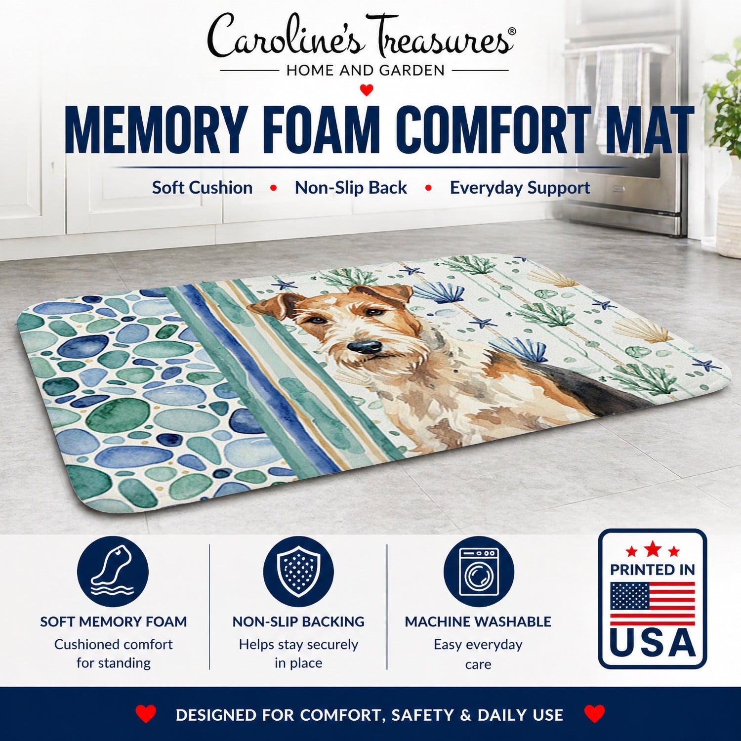 Wire Fox Terrier Coastal Sea Glass Memory Foam Kitchen Mat Machine Washable Anti-Fatigue Cushion Comfort Bath or Kitchen Rug