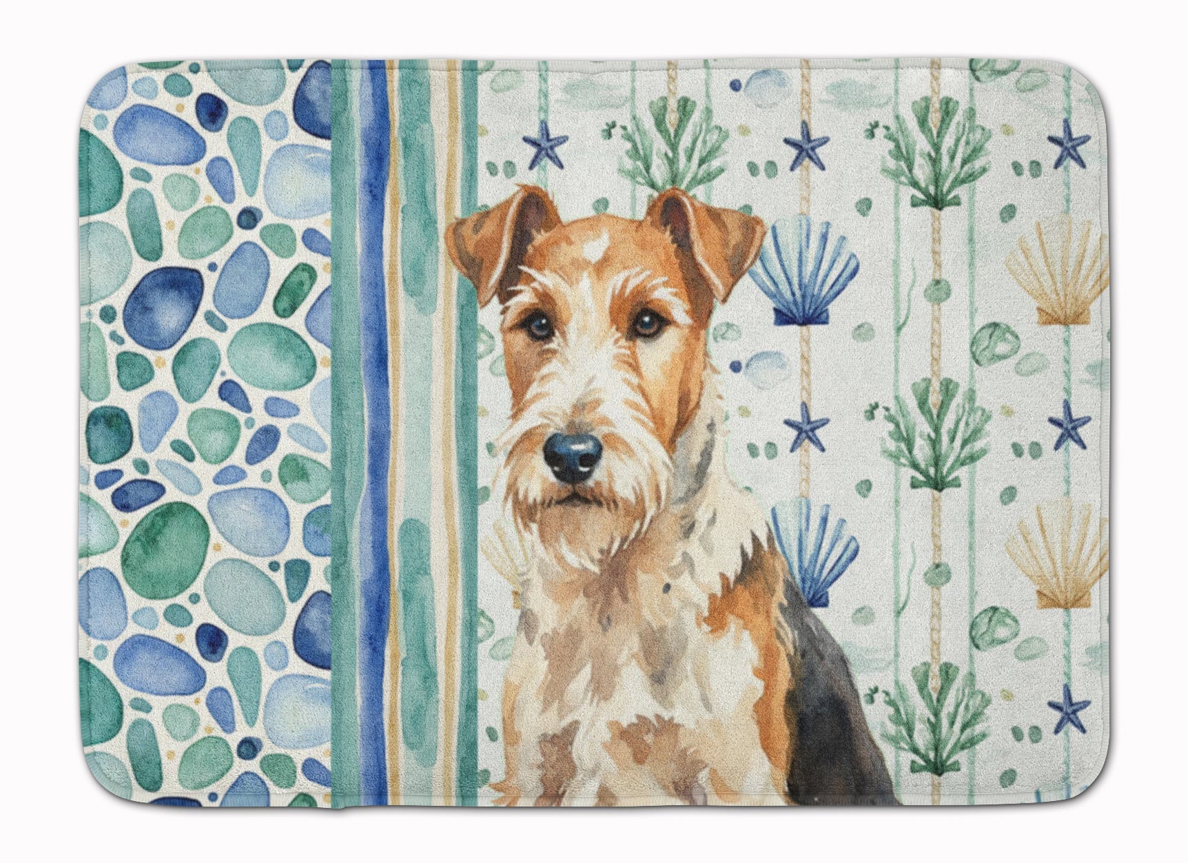 Wire Fox Terrier Coastal Sea Glass Memory Foam Kitchen Mat Machine Washable Anti-Fatigue Cushion Comfort Bath or Kitchen Rug