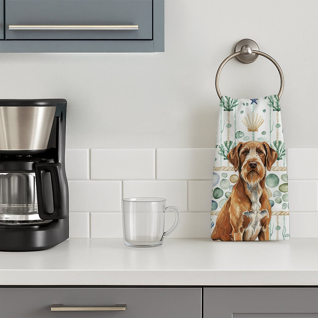Wirehaired Pointing Griffon Coastal Sea Glass Kitchen Towel Velour Plush Front and Cotton Loop Back Machine Washable