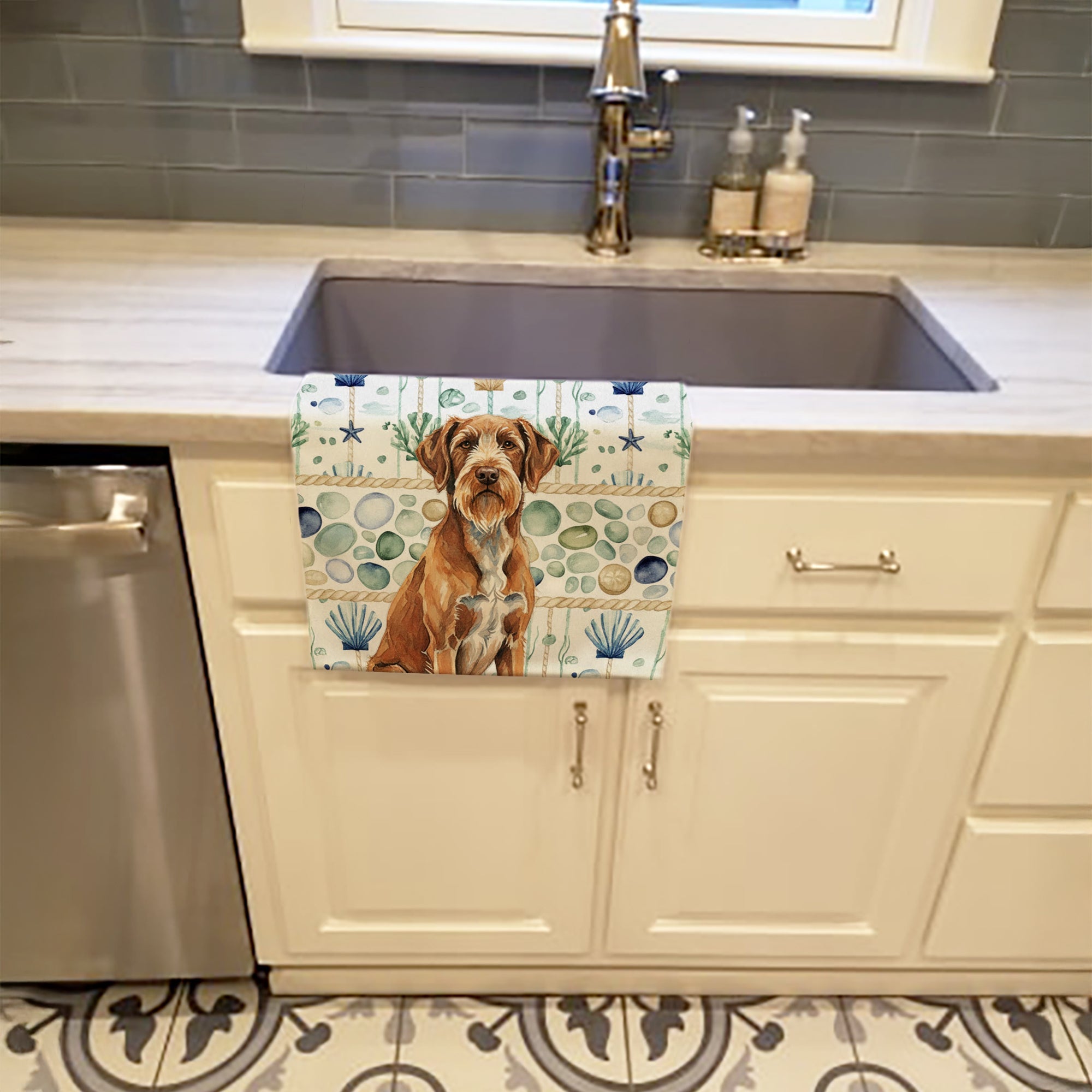 Wirehaired Pointing Griffon Coastal Sea Glass Kitchen Towel Velour Plush Front and Cotton Loop Back Machine Washable