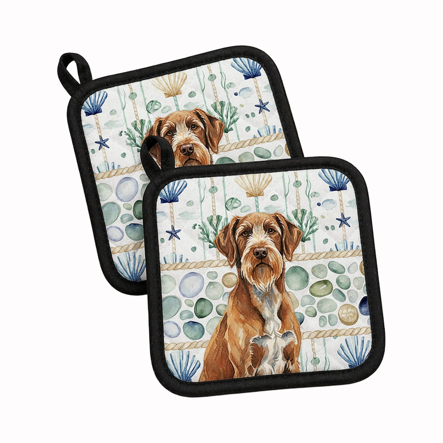 Wirehaired Pointing Griffon Coastal Sea Glass Pot Holder Set of 2 Heat Resistant Quilted Hot Pads 7.5 x 7.5 Inch, Insulated Kitchen Trivets for Cooking & Baking