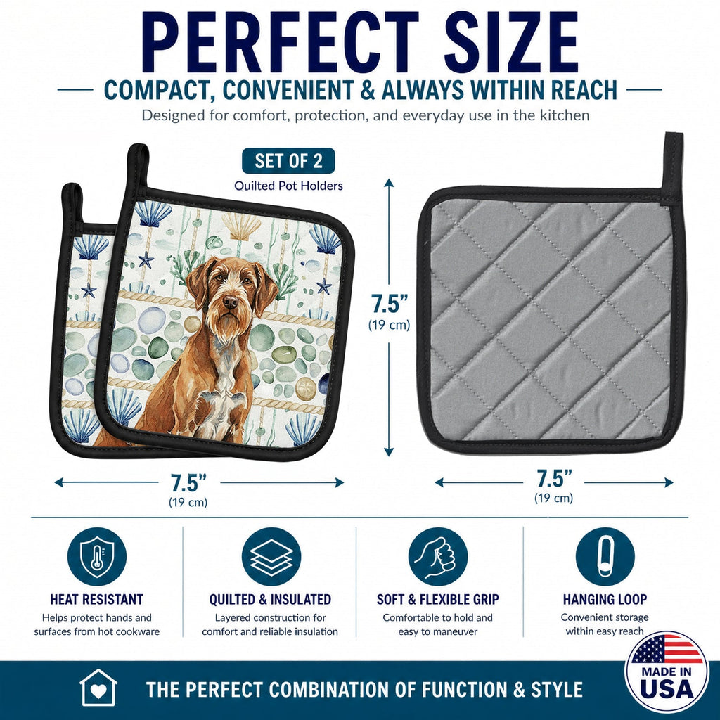 Wirehaired Pointing Griffon Coastal Sea Glass Pot Holder Set of 2 Heat Resistant Quilted Hot Pads 7.5 x 7.5 Inch, Insulated Kitchen Trivets for Cooking & Baking