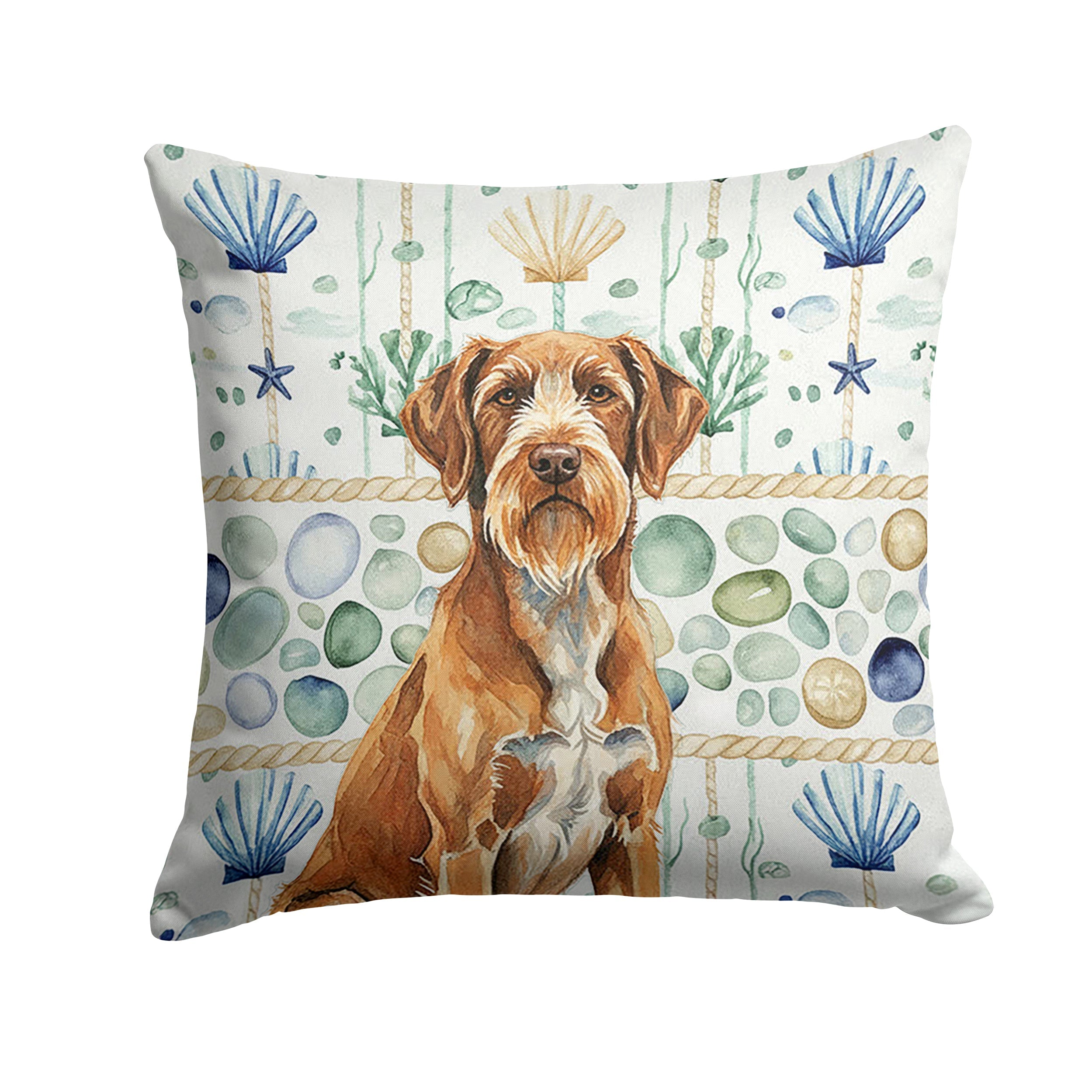 Wirehaired Pointing Griffon Coastal Sea Glass Decorative Throw Pillow 14x14 Indoor Outdoor Accent Cushion, Fabric Cover with Insert for Sofa, Bed, Porch & Living Room