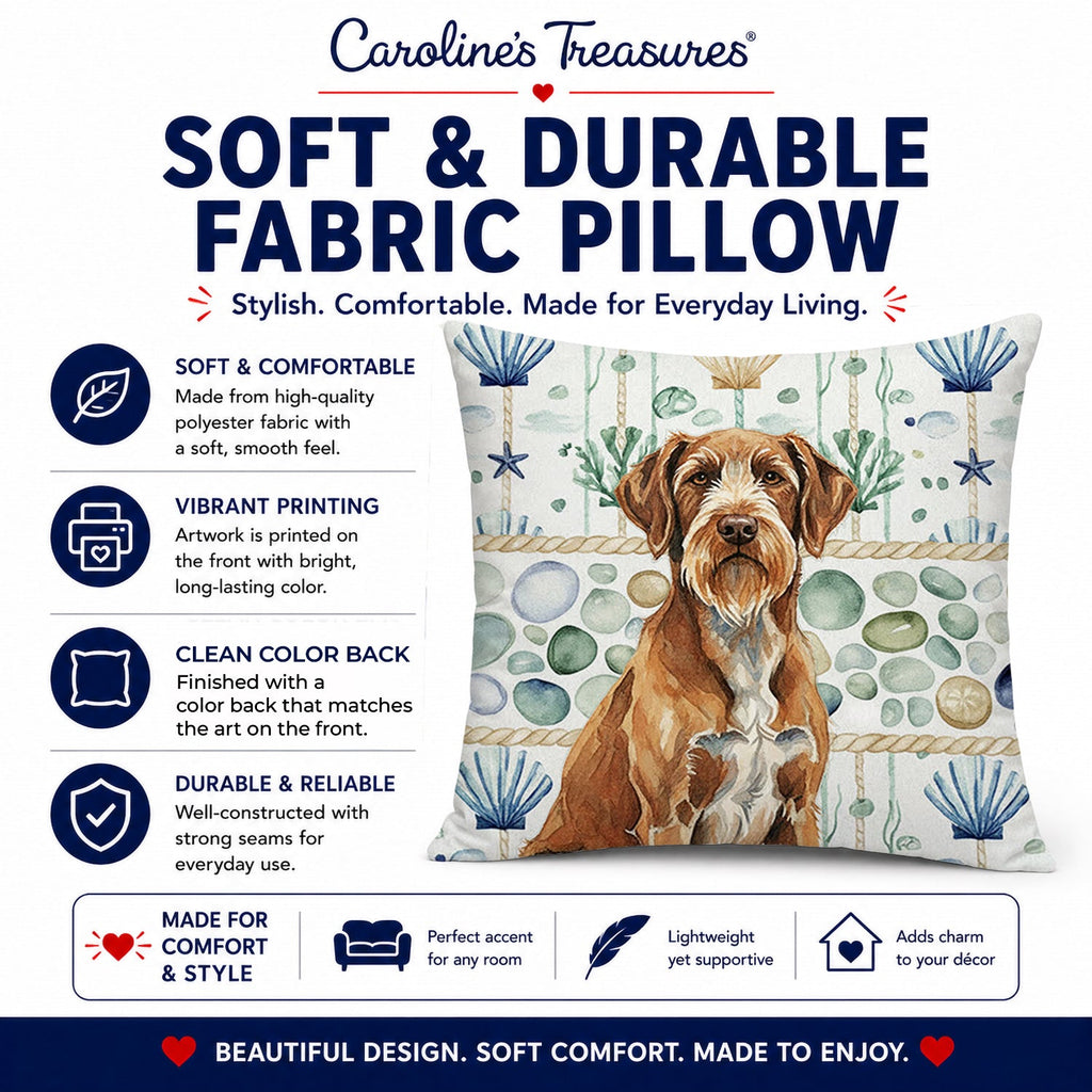 Wirehaired Pointing Griffon Coastal Sea Glass Decorative Throw Pillow 18x18 Indoor Outdoor Accent Cushion, Fabric Cover with Insert for Sofa, Bed, Porch & Living Room