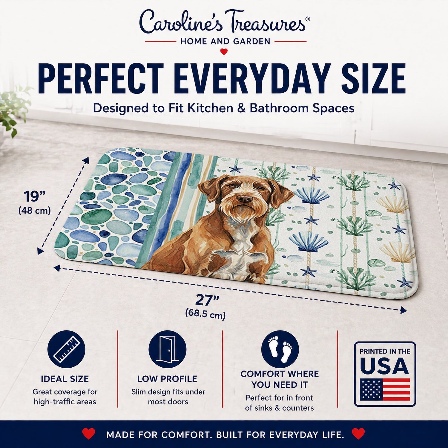 Wirehaired Pointing Griffon Coastal Sea Glass Memory Foam Kitchen Mat Machine Washable Anti-Fatigue Cushion Comfort Bath or Kitchen Rug