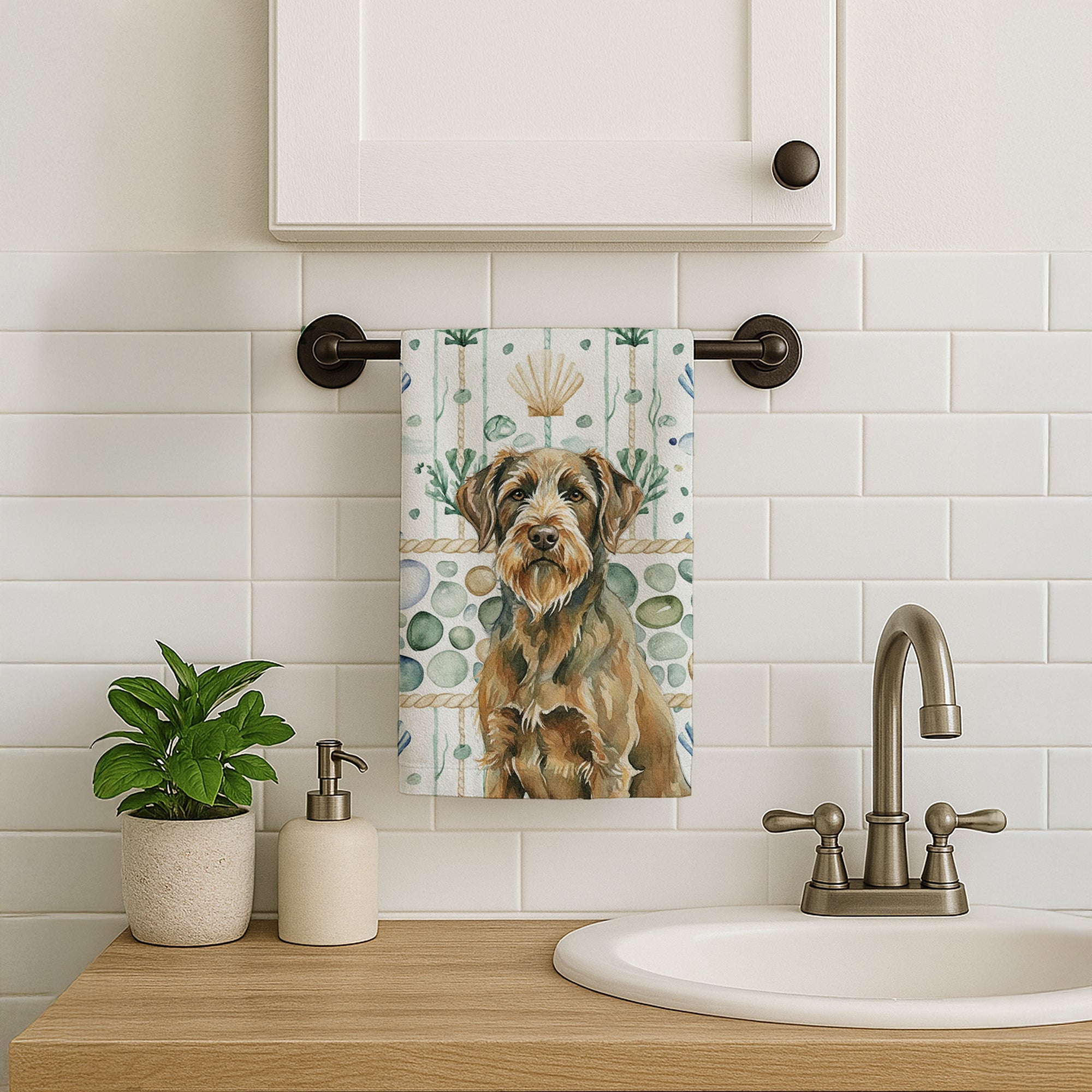 Chestnut Wirehaired Pointing Griffon Coastal Sea Glass Kitchen Towel Velour Plush Front and Cotton Loop Back Machine Washable