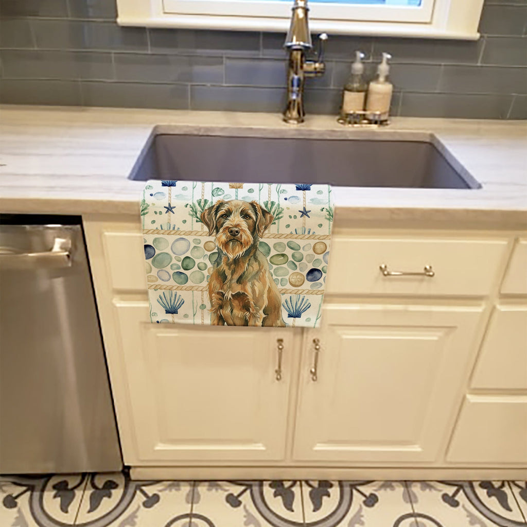 Chestnut Wirehaired Pointing Griffon Coastal Sea Glass Kitchen Towel Velour Plush Front and Cotton Loop Back Machine Washable