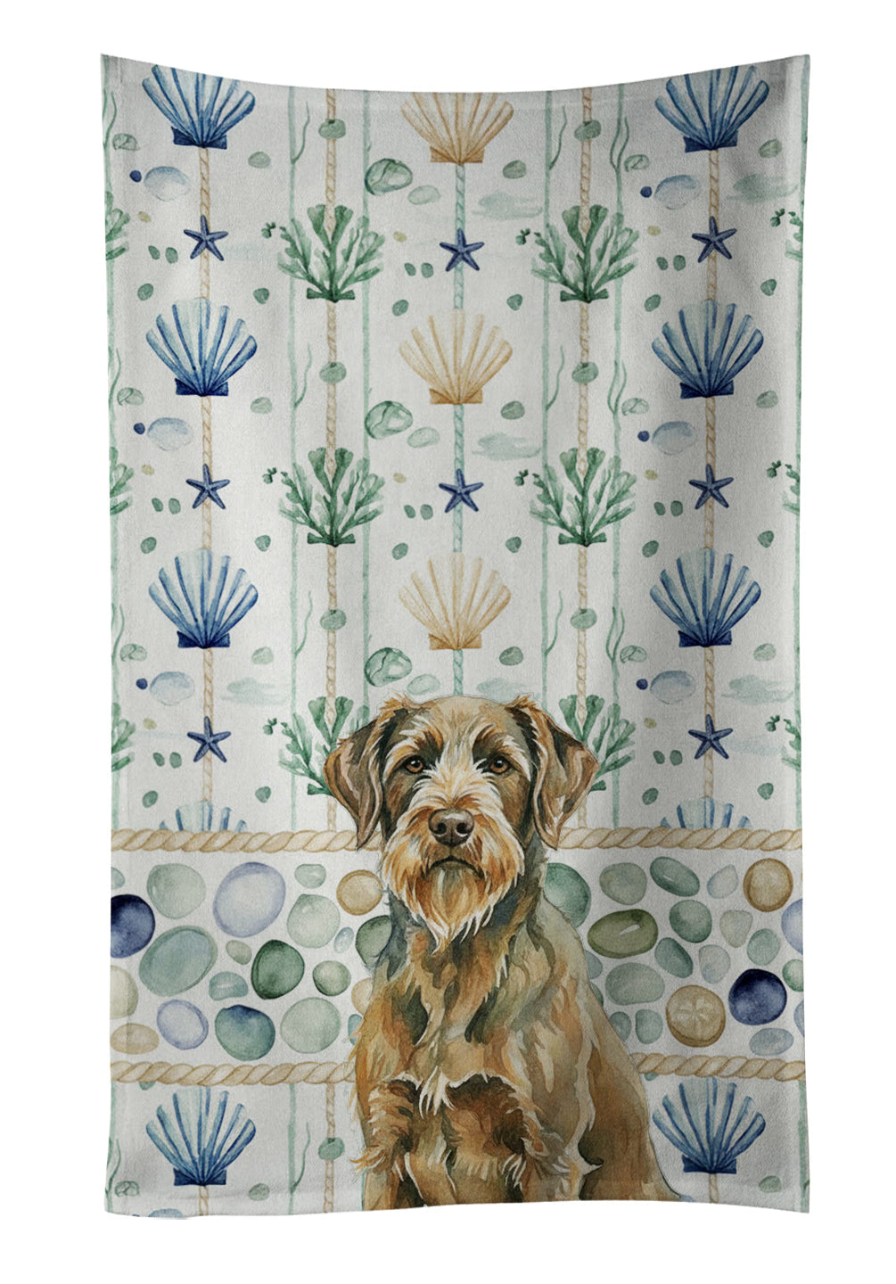 Chestnut Wirehaired Pointing Griffon Coastal Sea Glass Kitchen Towel Velour Plush Front and Cotton Loop Back Machine Washable