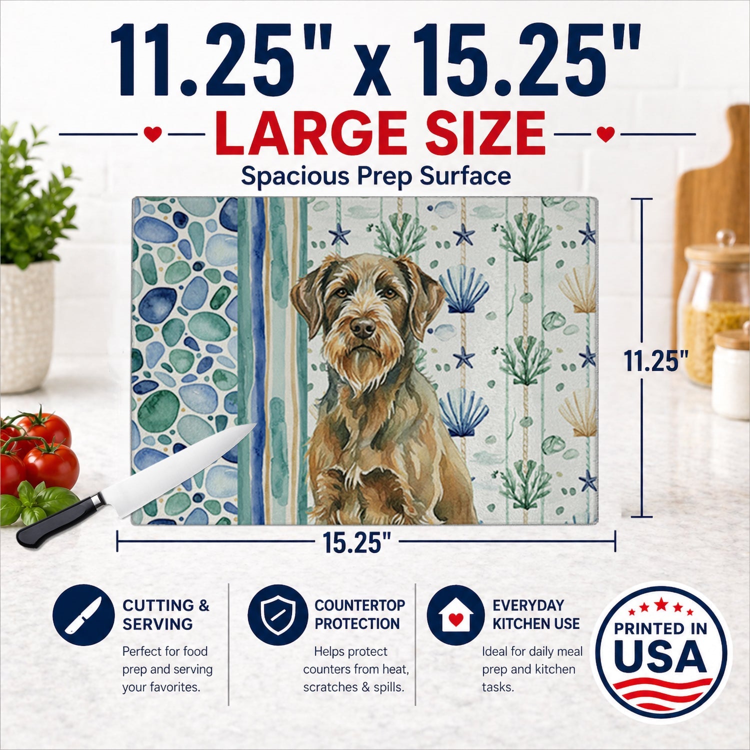Chestnut Wirehaired Pointing Griffon Coastal Sea Glass Cutting Board Tempered Glass Kitchen Cutting Surface, Heat Resistant Chopping, Non-Slip Feet, Food Prep & Serving