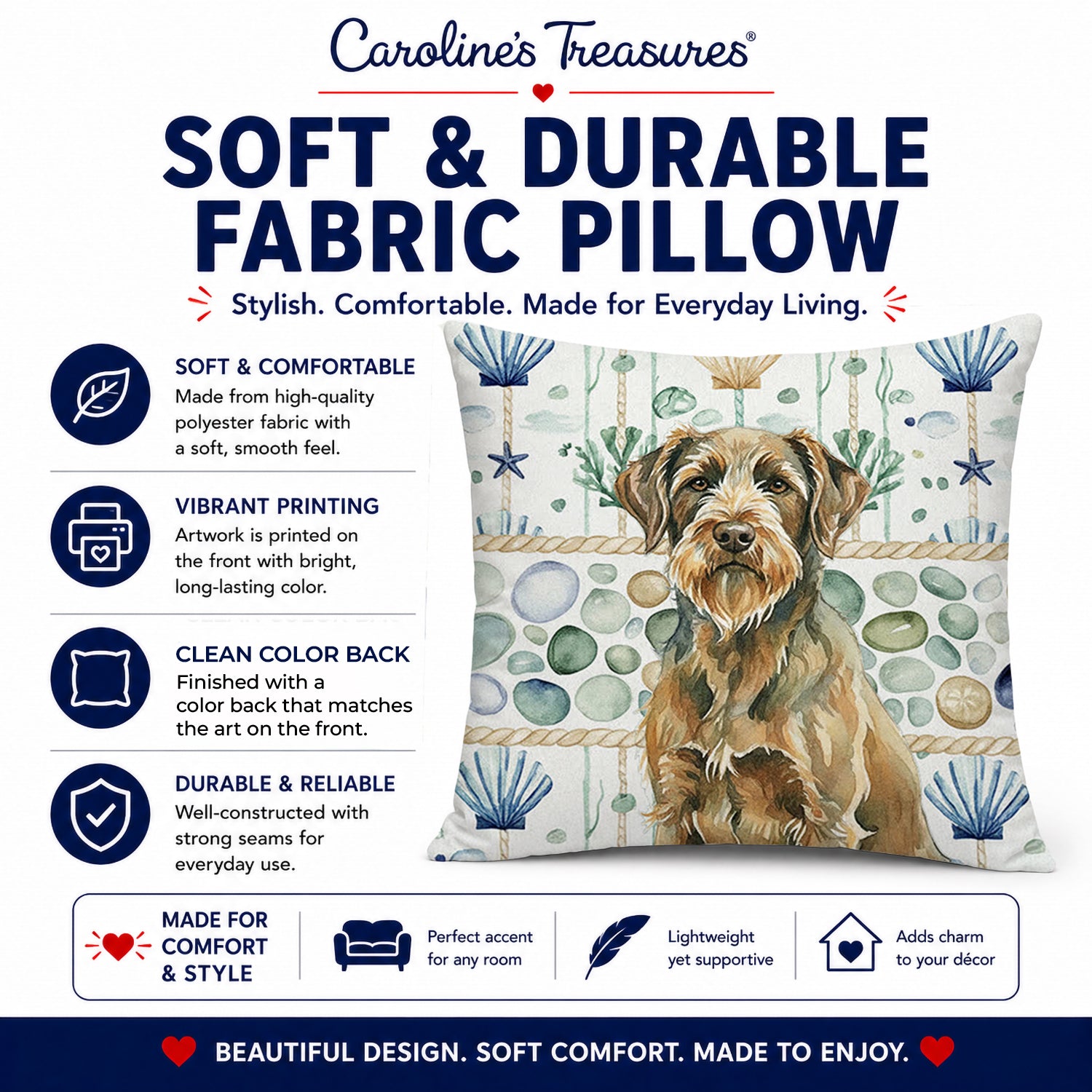 Chestnut Wirehaired Pointing Griffon Coastal Sea Glass Decorative Throw Pillow 14x14 Indoor Outdoor Accent Cushion, Fabric Cover with Insert for Sofa, Bed, Porch & Living Room