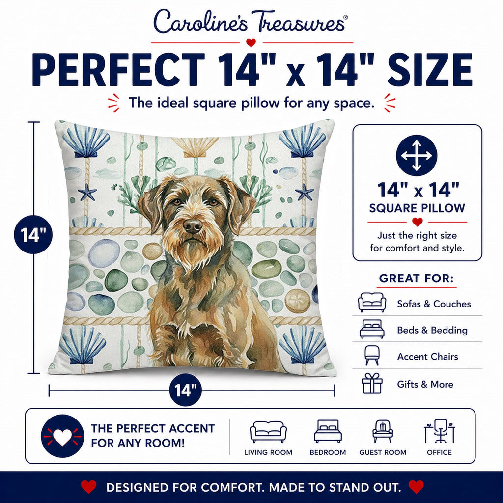 Chestnut Wirehaired Pointing Griffon Coastal Sea Glass Decorative Throw Pillow 14x14 Indoor Outdoor Accent Cushion, Fabric Cover with Insert for Sofa, Bed, Porch & Living Room