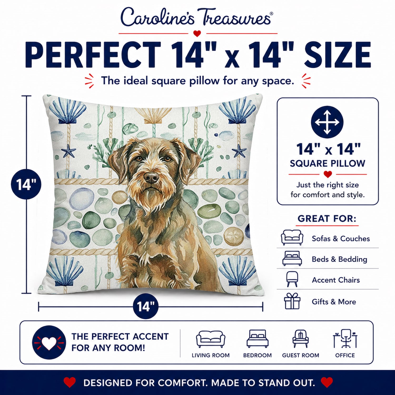 Chestnut Wirehaired Pointing Griffon Coastal Sea Glass Decorative Throw Pillow 14x14 Indoor Outdoor Accent Cushion, Fabric Cover with Insert for Sofa, Bed, Porch & Living Room