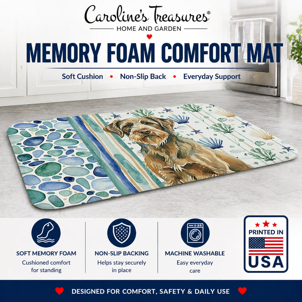 Chestnut Wirehaired Pointing Griffon Coastal Sea Glass Memory Foam Kitchen Mat Machine Washable Anti-Fatigue Cushion Comfort Bath or Kitchen Rug