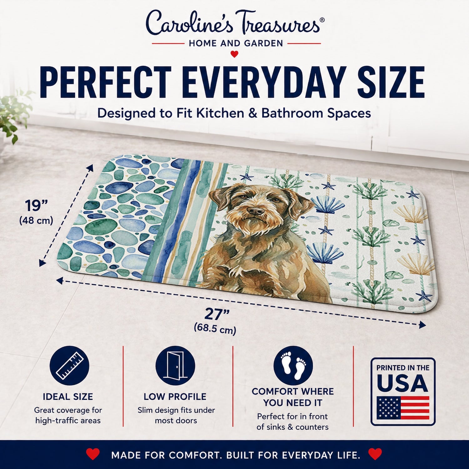 Chestnut Wirehaired Pointing Griffon Coastal Sea Glass Memory Foam Kitchen Mat Machine Washable Anti-Fatigue Cushion Comfort Bath or Kitchen Rug