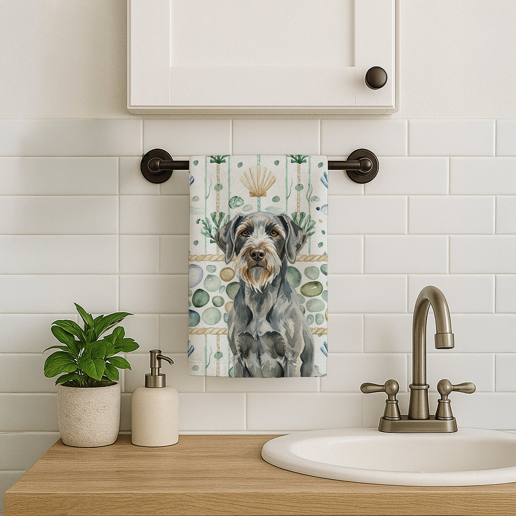Steel Gray Wirehaired Pointing Griffon Coastal Sea Glass Kitchen Towel Velour Plush Front and Cotton Loop Back Machine Washable