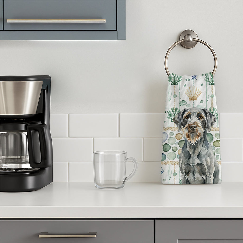 Steel Gray Wirehaired Pointing Griffon Coastal Sea Glass Kitchen Towel Velour Plush Front and Cotton Loop Back Machine Washable