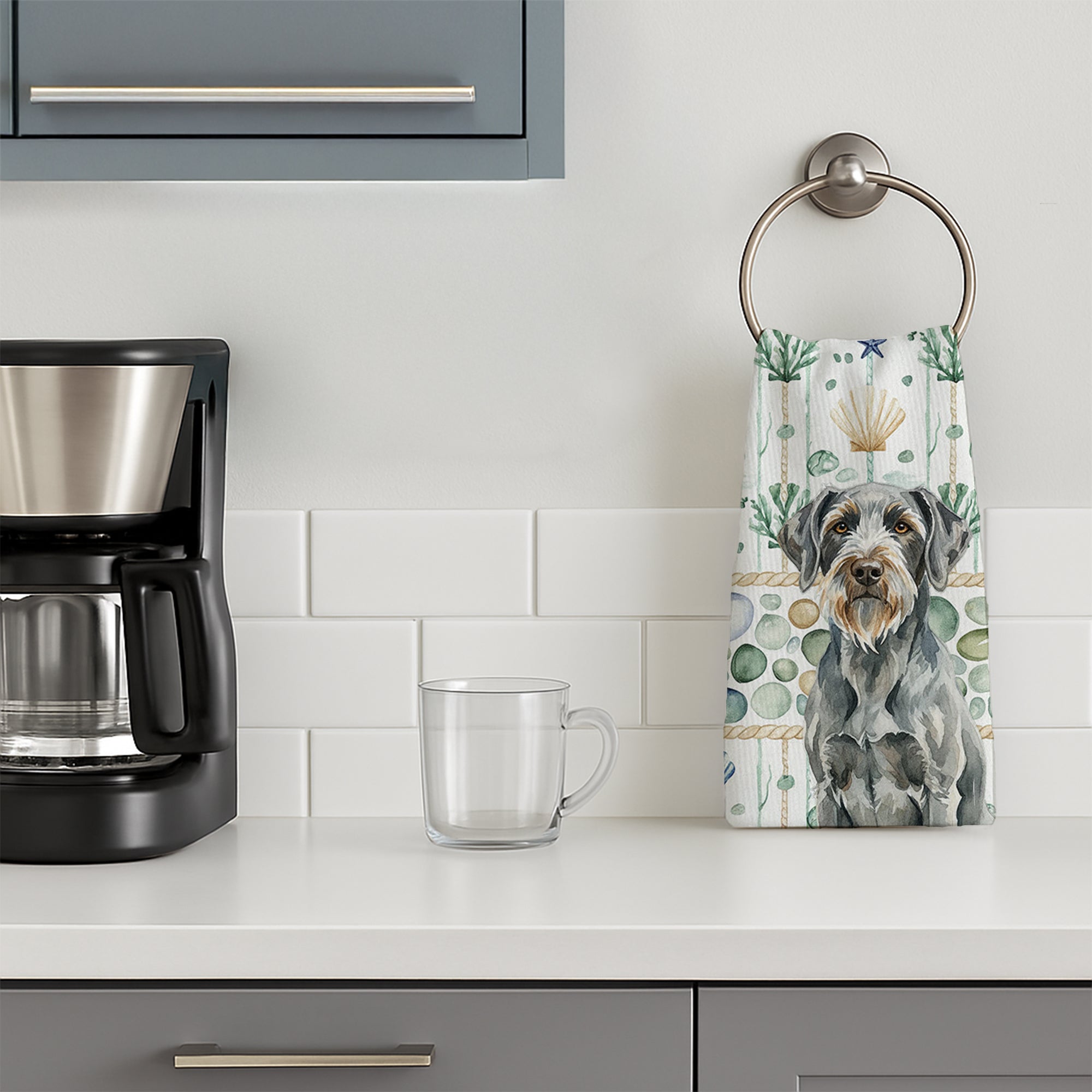 Steel Gray Wirehaired Pointing Griffon Coastal Sea Glass Kitchen Towel Velour Plush Front and Cotton Loop Back Machine Washable
