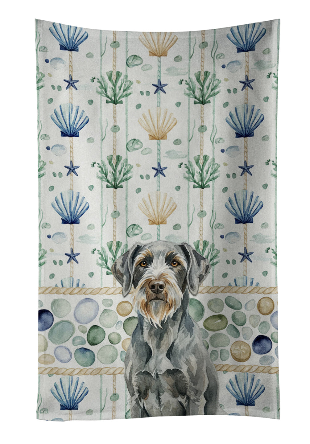 Steel Gray Wirehaired Pointing Griffon Coastal Sea Glass Kitchen Towel Velour Plush Front and Cotton Loop Back Machine Washable