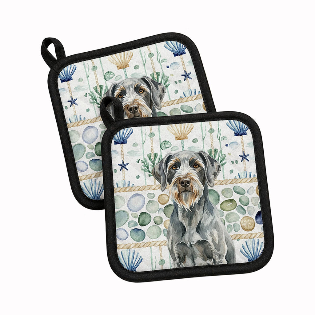 Steel Gray Wirehaired Pointing Griffon Coastal Sea Glass Pot Holder Set of 2 Heat Resistant Quilted Hot Pads 7.5 x 7.5 Inch, Insulated Kitchen Trivets for Cooking & Baking
