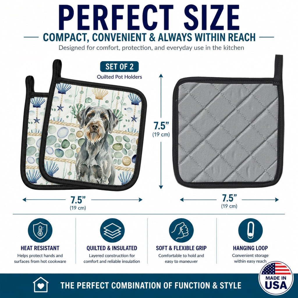 Steel Gray Wirehaired Pointing Griffon Coastal Sea Glass Pot Holder Set of 2 Heat Resistant Quilted Hot Pads 7.5 x 7.5 Inch, Insulated Kitchen Trivets for Cooking & Baking