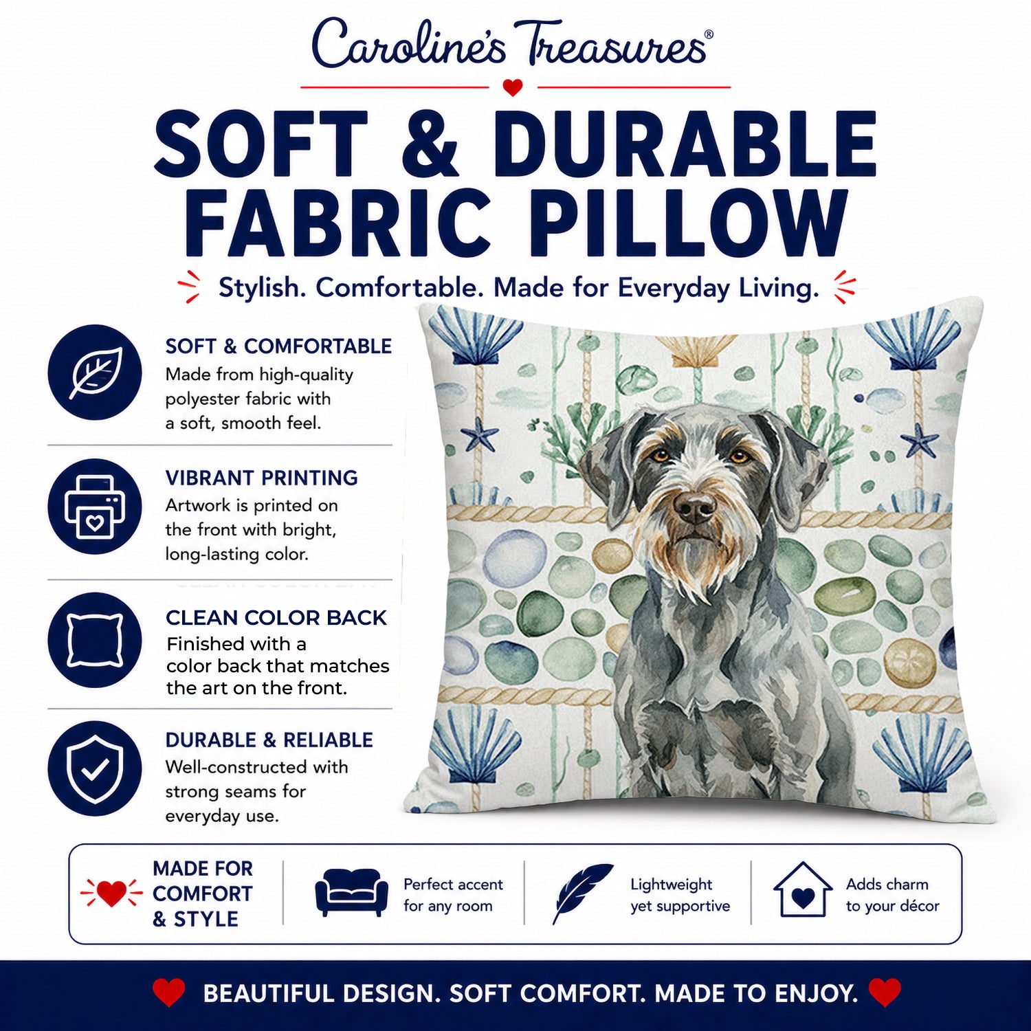 Steel Gray Wirehaired Pointing Griffon Coastal Sea Glass Decorative Throw Pillow 14x14 Indoor Outdoor Accent Cushion, Fabric Cover with Insert for Sofa, Bed, Porch & Living Room