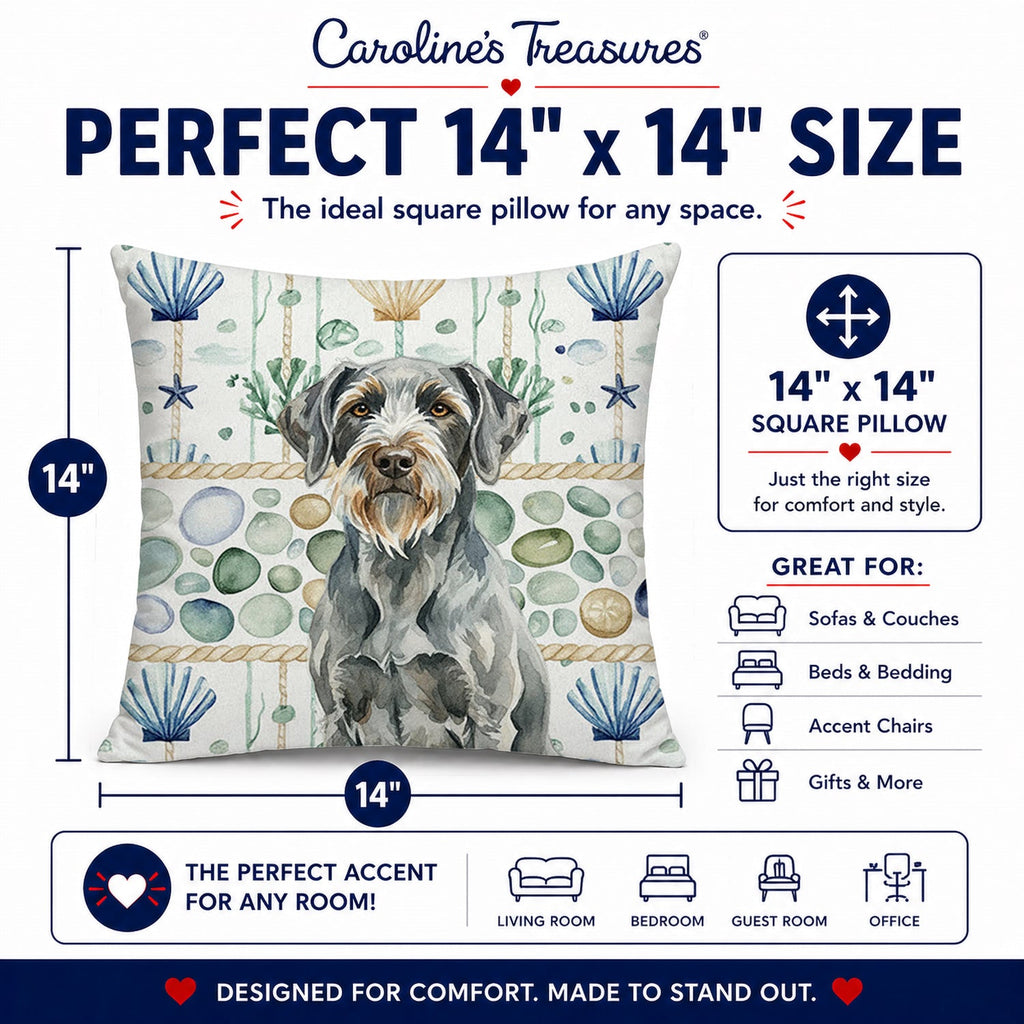 Steel Gray Wirehaired Pointing Griffon Coastal Sea Glass Decorative Throw Pillow 14x14 Indoor Outdoor Accent Cushion, Fabric Cover with Insert for Sofa, Bed, Porch & Living Room
