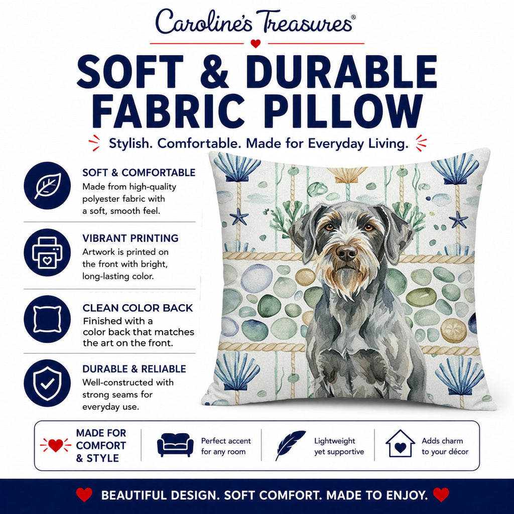Steel Gray Wirehaired Pointing Griffon Coastal Sea Glass Decorative Throw Pillow 18x18 Indoor Outdoor Accent Cushion, Fabric Cover with Insert for Sofa, Bed, Porch & Living Room