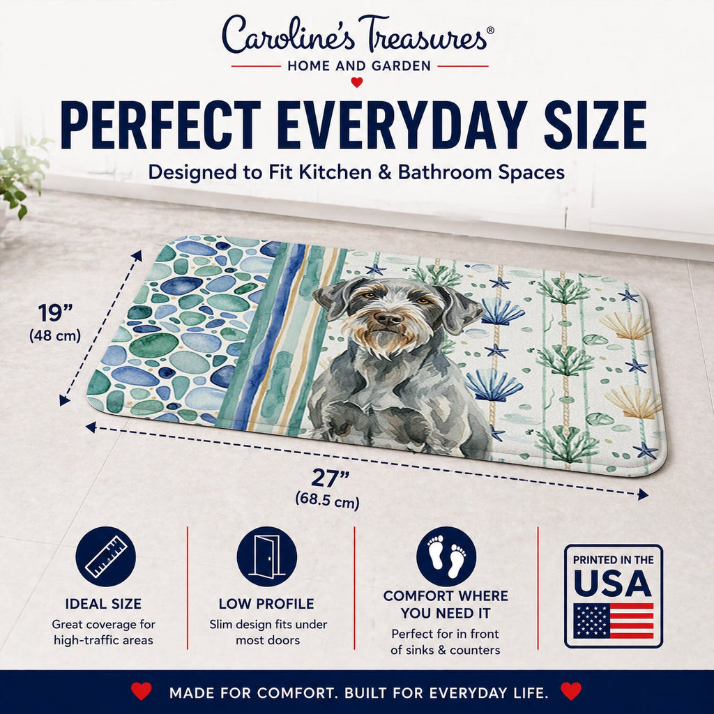 Steel Gray Wirehaired Pointing Griffon Coastal Sea Glass Memory Foam Kitchen Mat Machine Washable Anti-Fatigue Cushion Comfort Bath or Kitchen Rug