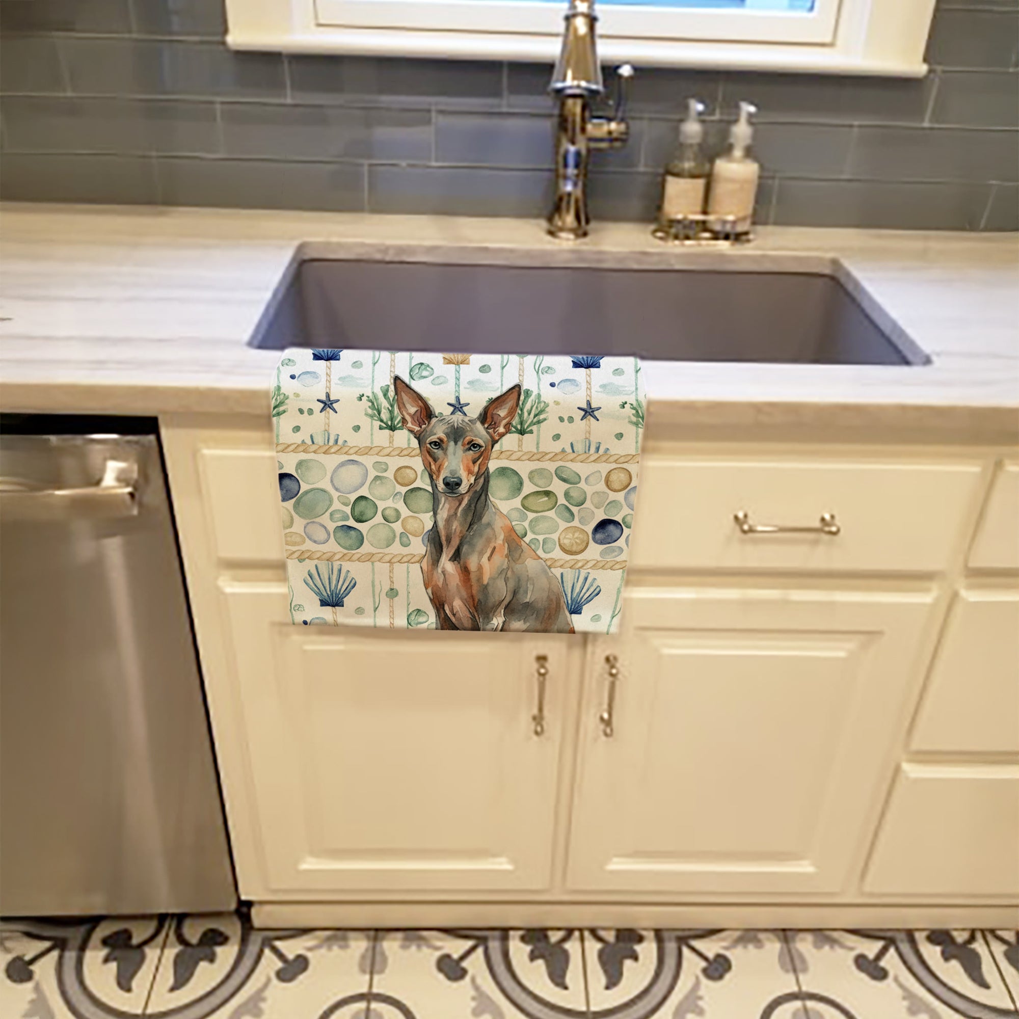 Xoloitzcuintli Coastal Sea Glass Kitchen Towel Velour Plush Front and Cotton Loop Back Machine Washable