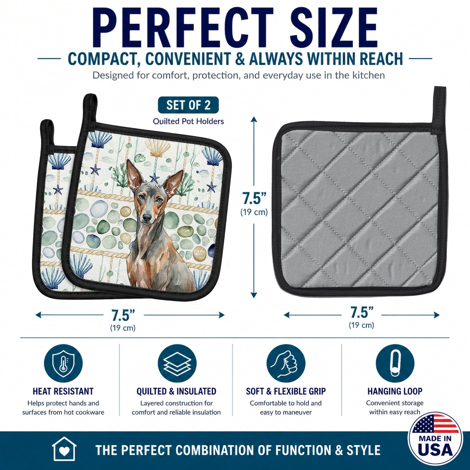 Xoloitzcuintli Coastal Sea Glass Pot Holder Set of 2 Heat Resistant Quilted Hot Pads 7.5 x 7.5 Inch, Insulated Kitchen Trivets for Cooking & Baking