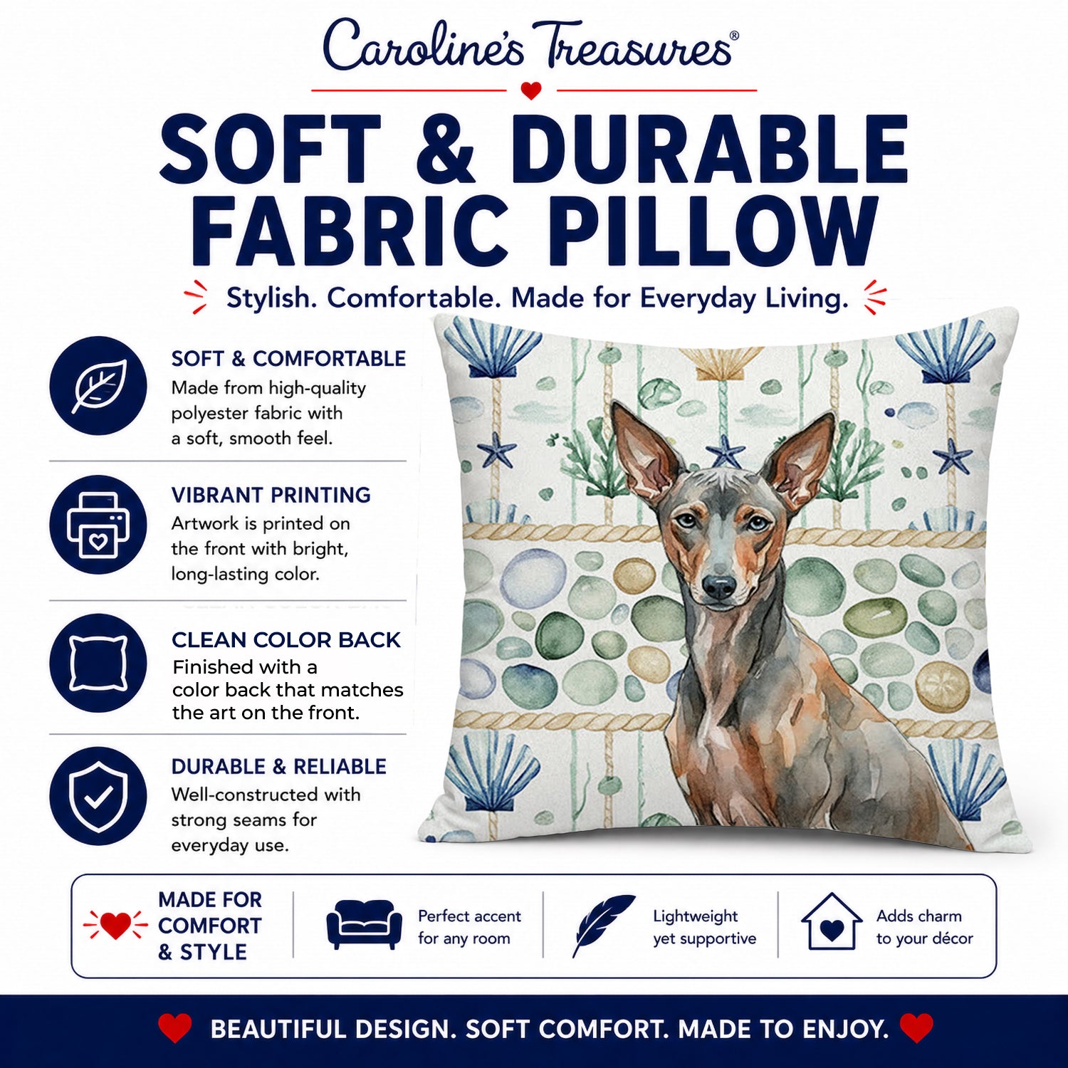 Xoloitzcuintli Coastal Sea Glass Decorative Throw Pillow 14x14 Indoor Outdoor Accent Cushion, Fabric Cover with Insert for Sofa, Bed, Porch & Living Room