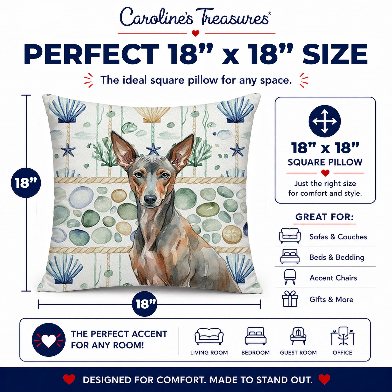 Xoloitzcuintli Coastal Sea Glass Decorative Throw Pillow 18x18 Indoor Outdoor Accent Cushion, Fabric Cover with Insert for Sofa, Bed, Porch & Living Room