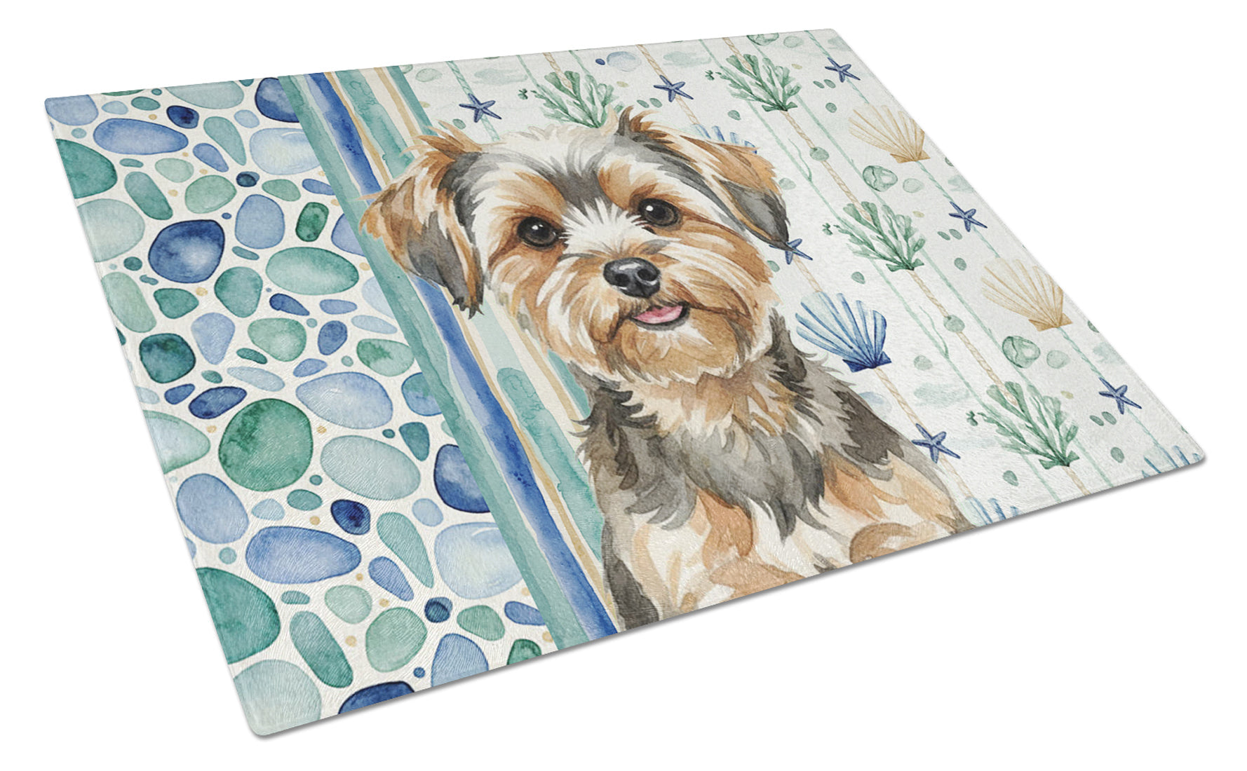 Yorkiepoo Coastal Sea Glass Cutting Board Tempered Glass Kitchen Cutting Surface, Heat Resistant Chopping, Non-Slip Feet, Food Prep & Serving