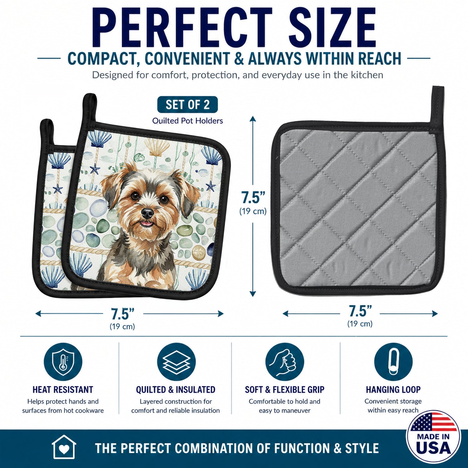 Yorkiepoo Coastal Sea Glass Pot Holder Set of 2 Heat Resistant Quilted Hot Pads 7.5 x 7.5 Inch, Insulated Kitchen Trivets for Cooking & Baking