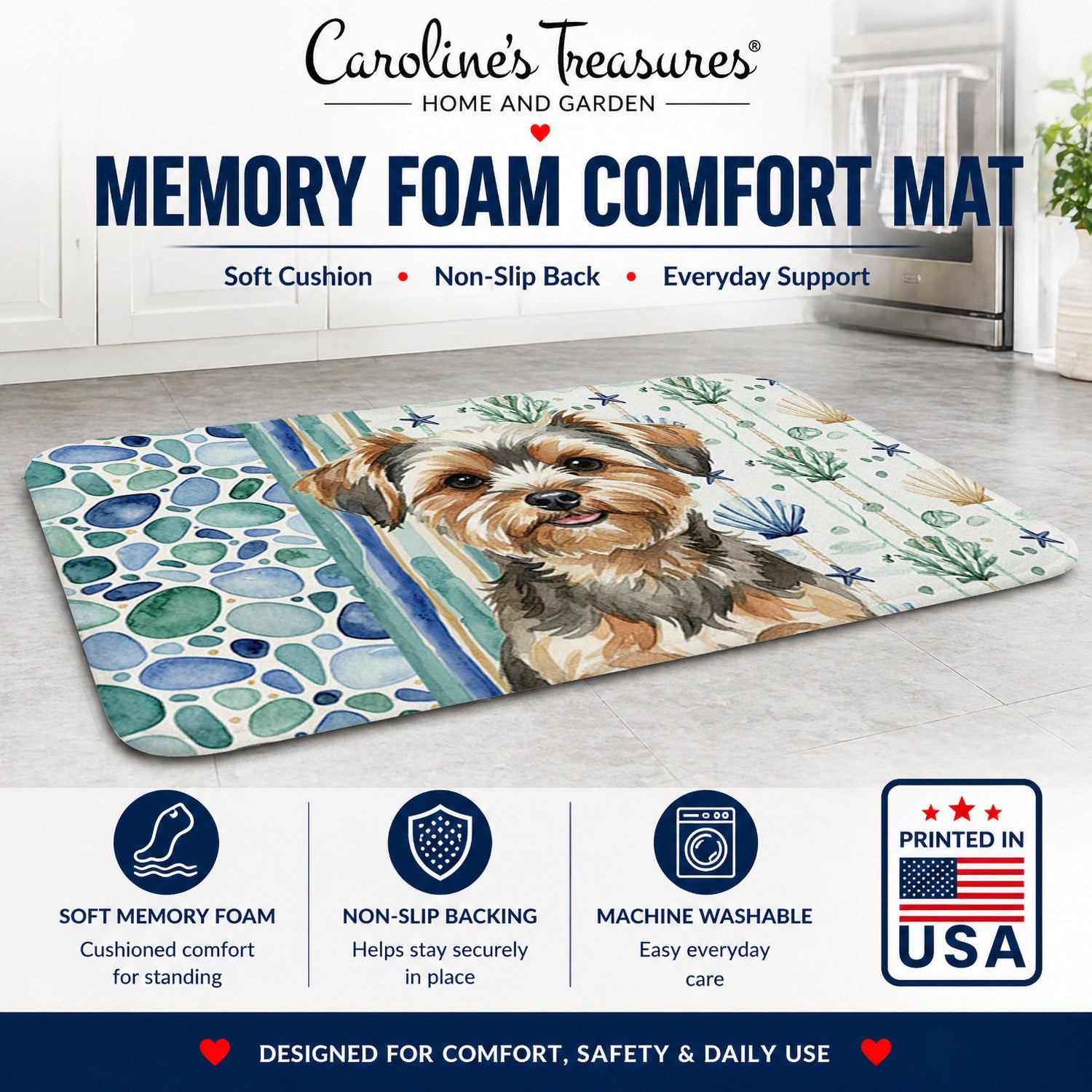 Yorkiepoo Coastal Sea Glass Memory Foam Kitchen Mat Machine Washable Anti-Fatigue Cushion Comfort Bath or Kitchen Rug