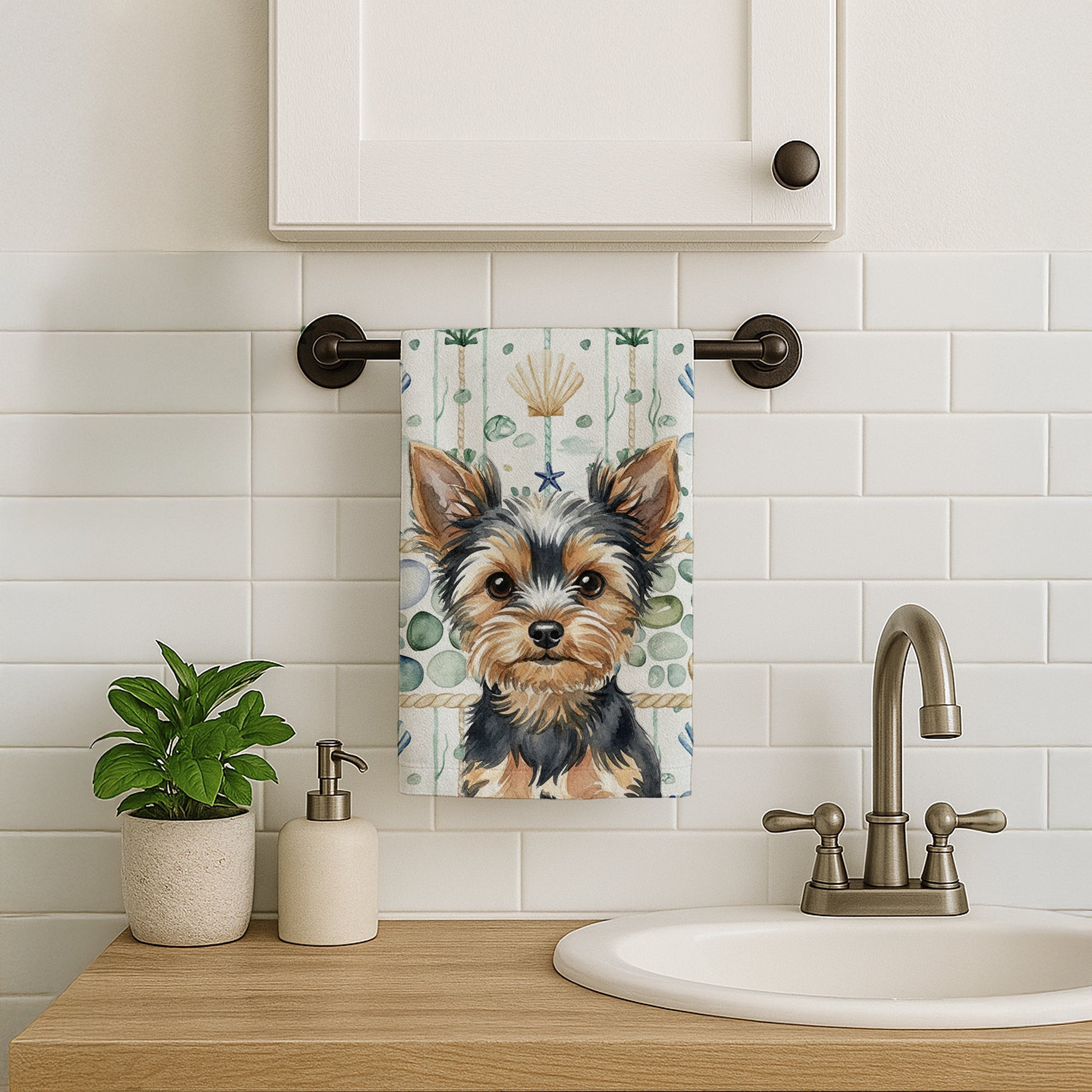 Black and Tan Yorkshire Terrier Coastal Sea Glass Kitchen Towel Velour Plush Front and Cotton Loop Back Machine Washable