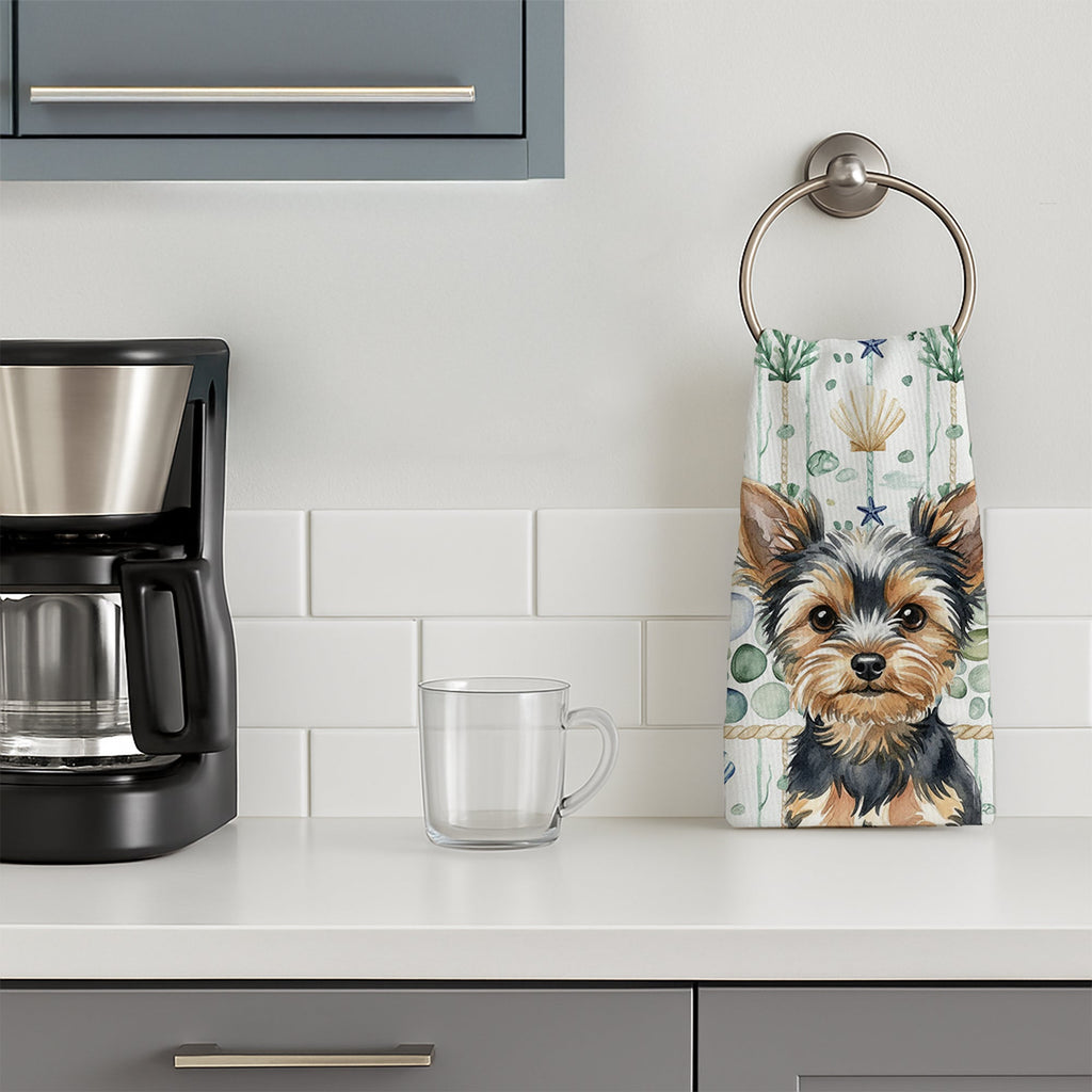 Black and Tan Yorkshire Terrier Coastal Sea Glass Kitchen Towel Velour Plush Front and Cotton Loop Back Machine Washable