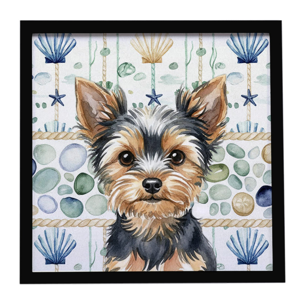 Black and Tan Yorkshire Terrier Coastal Sea Glass Framed Metal Print Bathroom, Kitchen, Office, Home Decor Wall Art Ready to Hang, Square, 8X8