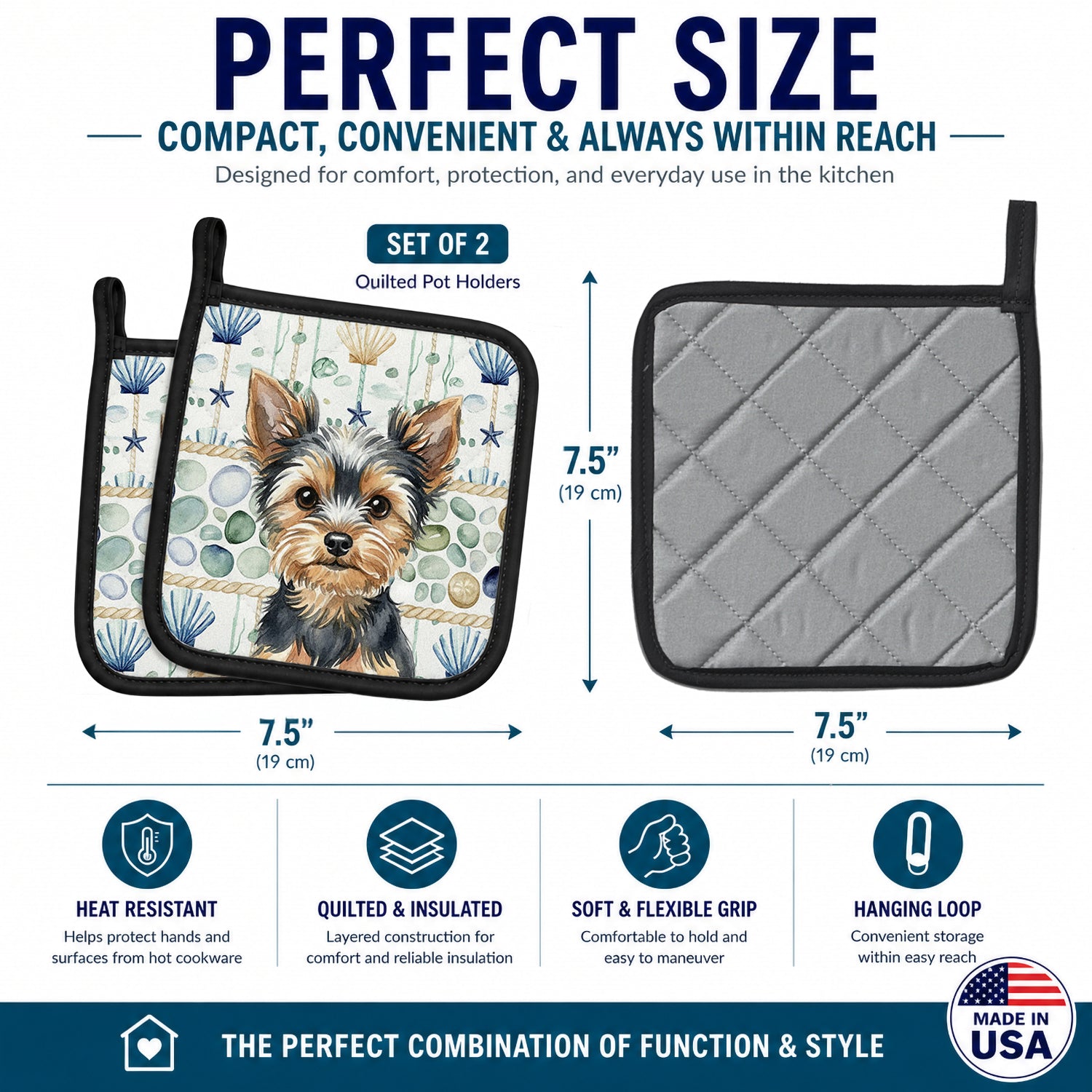 Black and Tan Yorkshire Terrier Coastal Sea Glass Pot Holder Set of 2 Heat Resistant Quilted Hot Pads 7.5 x 7.5 Inch, Insulated Kitchen Trivets for Cooking & Baking